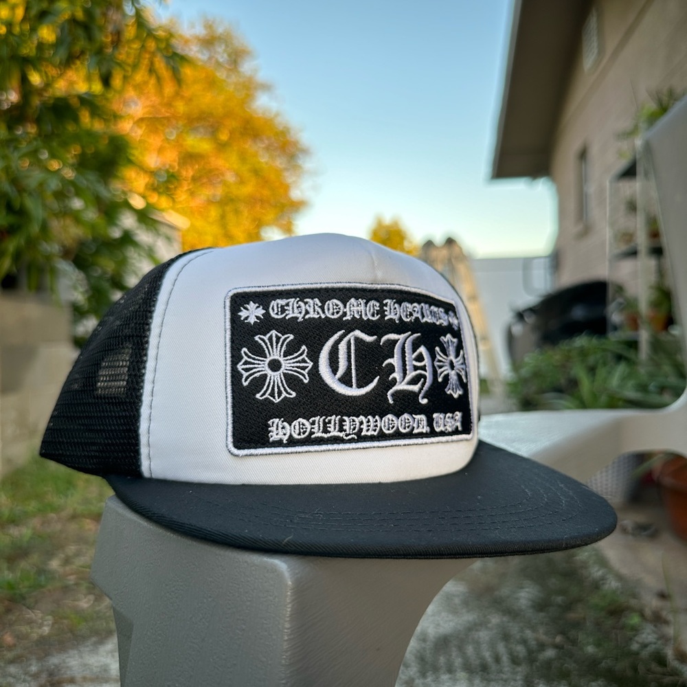 Chrome hearts hat “ch” hollywood black white flat brim